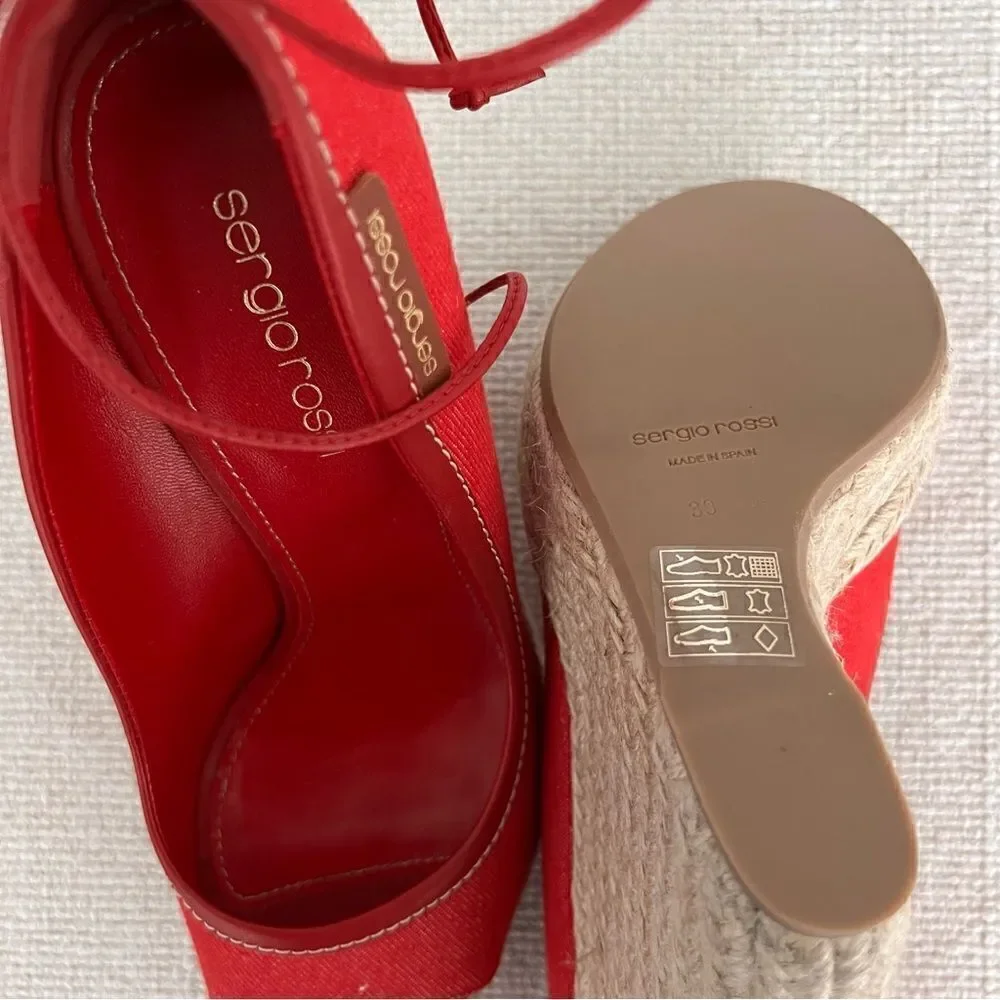 SERGIO ROSSI Red Fabric Espadrille Heels Size 39.